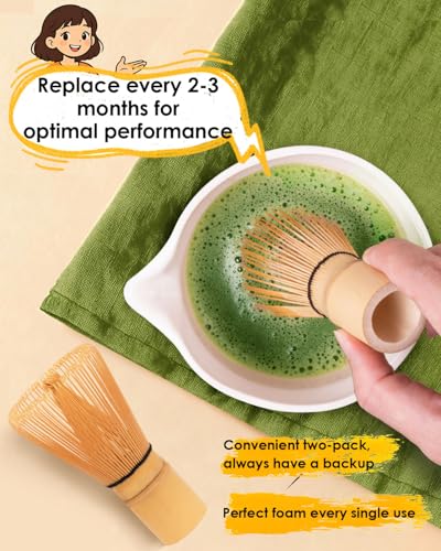JUL WIND Matcha Whisk Set with 2-pack Bamboo Matcha Whisk | Handcrafted Traditional Japanese Chasen, 100-Prong Matcha Stirrer Wisk Mixer Brush for Authentic Matcha Tea Preparation