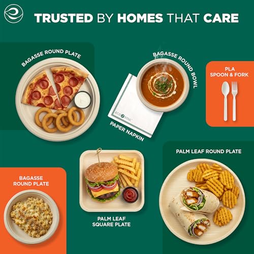 ECO SOUL 9 Inch Disposable Bagasse Paper Plates (100 Pack, Round) | Natural, Compostable, 100% Virgin Bagasse Pulp, Heavy Duty, Biodegradable, Microwave Safe, Food Safe, Eco-Friendly