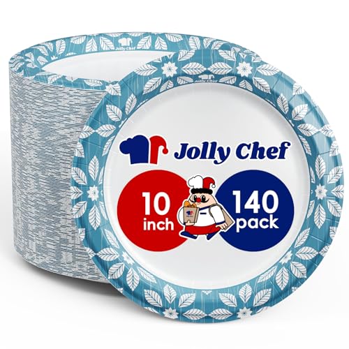 JOLLY CHEF 10 inch 140 Pack Disposable Paper Plates | Heavy Duty Printed Paper Plates for Everyday Use, Soak Proof, Cut Proof