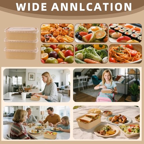DeziWood 50 Pack 25 oz Paper Food Containers with Lids, Meal Prep Containers Disposable Large Paper Bowls, Microwavable and Freezer Storage Use Cardboard Food Containers