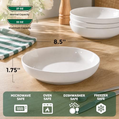 Y YHY Pasta Bowls Set of 6, High-Fired Porcelain White Salad Bowls 30 oz Wide Shallow Serving Soup Bowls, Microwave Dishwasher Safe 8.5" Pasta Plates Kitchen Bowls for Dinner Family Gatherings