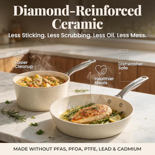 GOTHAM STEEL HAMMERED 13 Pc Titanium Ceramic Cookware Set Nonsitck, Cream