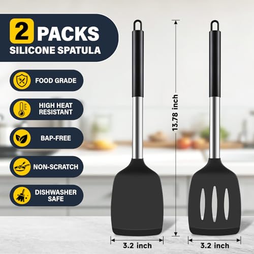 2 Pack Silicone Spatula Set, Solid & Slotted Turner for Non-Stick Pans | Dishwasher Safe, BPA-Free Silicone Cooking Utensils for Fish, Eggs, Pancakes, High Heat Resistant, Black