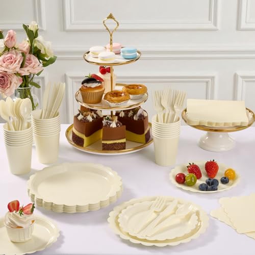 Goodluck 50 PCS Ivory Paper Plates 7 In Scalloped Disposable Dessert Plates | Small Appetizer Cake Plates for Wedding, Baby Shower, Birthday Party