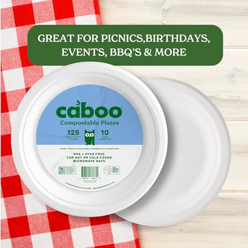 Caboo Disposable Bamboo Paper Plates, 125 Pack of 10 Inch Sturdy Biodegradable Plates, Compostable Plate, Microwave Safe Party Plate, Eco Friendly Alternative to Plastic