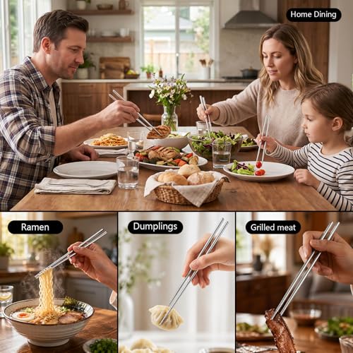 Maclia 6 Pairs 304 Stainless Steel Reusable Chopsticks, Silver | Non-Slip Tips, Dishwasher Safe & Lightweight, For Sushi, Ramen, Noodles, Rice & Asian Cuisine, Premium Gift Set, Food Grade