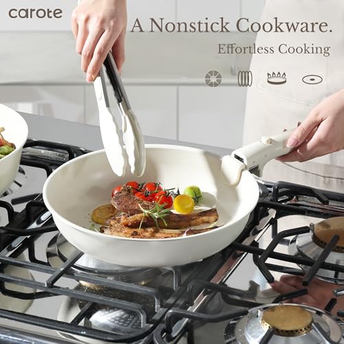 CAROTE 19pcs Pots and Pans Set Non Stick, Detachable Handle Cookware | Kitchen Cooking Sets, Space Saving, Dishwasher & Oven Safe, Non-Toxic, for Camping/RV/Traveling, Cream White