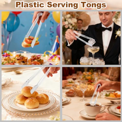 Perusiaw 10Pcs Clear Plastic Serving Tongs, 6.3 Inches Small Disposable | Mini Plastic Tongs for Food, Party, Buffet, Salad, Appetizer, Ice, Candy, Catering, Fruit, Easy to Hold and Clean