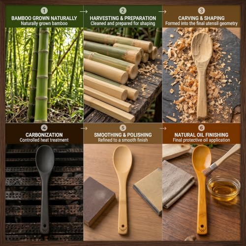 Prime Bamboo Wooden Spoons for Cooking Set of 6 Pcs – Wooden Cooking Utensils with Long Handle, Includes Flat Wood Spoon, Bamboo Spatula, and Slotted Spoon for Kitchen Utensils Set