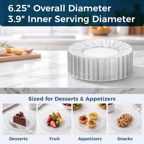 Ricvan Clear Plastic Dessert Plates, 6.25 Inch, 100 Pack, Heavy Duty | BPA-Free Hard Plastic Plates for Desserts and Appetizers; Disposable or Hand Washable for Parties, Weddings and Catering