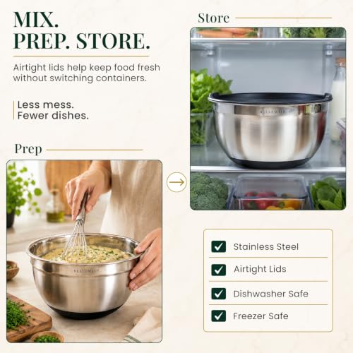 Bellemain Stainless Steel Mixing Bowls with Airtight Lids Set - Set of 3 | Non-slip Silicon Base, Kitchen Essentials for Baking & Serving (Mix, Serve, and Store), Rust-resistant, Dishwasher Safe