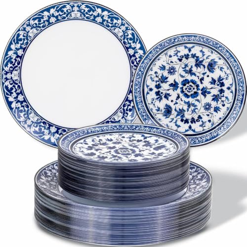 Hioasis Blue Plastic Plates, Fancy Disposable Pates, 60 Pcs for 30 Guests | Blue & white porcelain design. Dishwasher safe, 10.25" dinner & 7.5" dessert plates for Wedding
