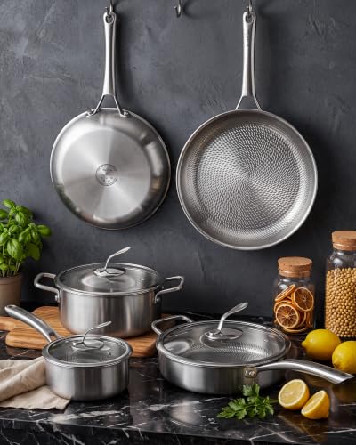 Tumzak Titanium Cookware Set, 8-Piece Pots and Pans Set, Non-Stick Hammered Pro Titanium Pan with Lid, PFAS/PFOA/PTFE-Free, Dishwasher & Oven Safe, Compatible with Gas Stoves and Induction Cooktops