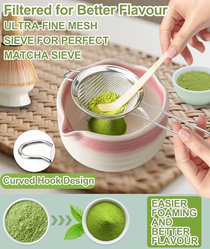 JBER Matcha Whisk Set, 7PCS Matcha Set with Bamboo Whisk and Ceramic Bowl | Complete Matcha Kit Includes 17oz Bowl, Handmade Whisk 100 Prongs, Holder, Spoon, Sifter for Matcha Lovers, Gradient Pink