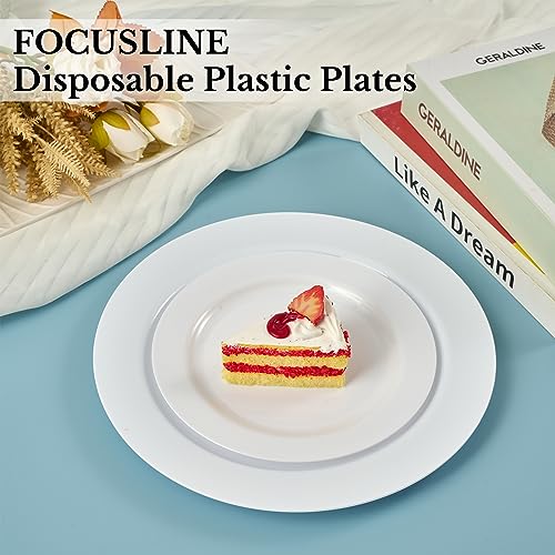 FOCUSLINE 100 White Plastic Plates, 10" Disposable Heavy Duty Dinner Plates | Premium Hard Plastic Plates Fancy Disposable White Dinner Plates for Weddings, Parties and Events