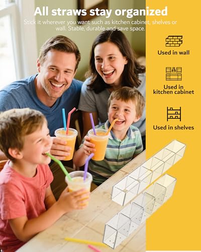 Upgraded 9.5'' Large Acrylic Straw Holder for Cabinet Door, Adjustable Space-Saving Straw Organizer Storage Dispenser for Cabinet with Ultra Sticky Adhesive Strips, 2-Part Rack, Drainage Holes