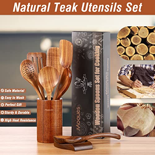 Mooues Wooden Kitchen Utensil Set, 9 Piece Natural Teak with Spoon Rest | Wooden Cooking Utensils with Comfort Grip, Smooth Durable Heat Resistant Cooking Spoons and Utensils Holder for Cooking