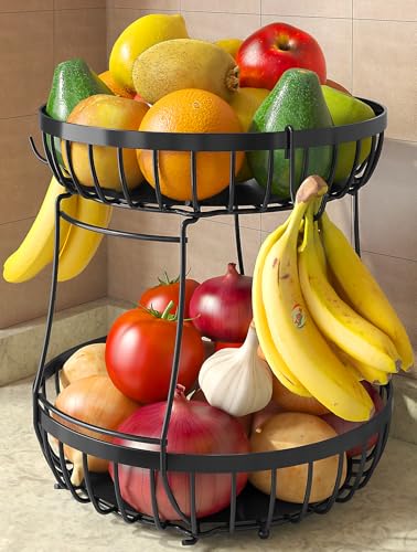Sevenblue 2 Tier Large Fruit Bowl for Kitchen Counter with 2 Banana Hangers | Sturdy Metal Basket for Fruit, Bread & Onions, Modern Wire Fits Various Styles, Includes Food-Safe Mats to Keep Produce Fresh