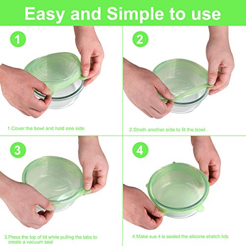 ONEGOL Silicone Stretch Lids for Food Storage in Fridge, 12 Pack Silicone Lids, Reusable Food Grade Silicone Bowl Covers for Cups, Bowls and Dish, 6 Sizes Round and Rectangle Shape