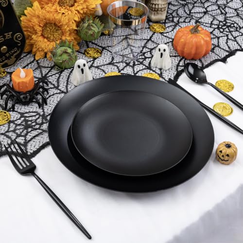 ejonirinjonir 150pcs Frosted Black Plastic Plates Plastic Plate for Wedding | Includes 30 Dinner,30 Dessert Plates and Sliverware Elegantes.Heavy Duty Black Disposable Plates Excel at Party and Banquets.