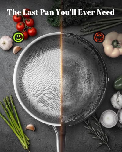 Titanium pans for cooking Non Stick with lid,8pcs Uncoated Hammered titanium pro frying pan, PFAS Free Cookware, Butter warmer skillet, Induction & Oven-Safe