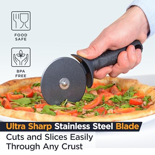 Deiss Lux Heavy Duty Pizza Cutter With Wheel Slicer- Stainless Steel Sharp Smooth Pizza Cutter Wheel With Easy Grip Non-Slip Handle, Dishwasher Safe (BLACK)