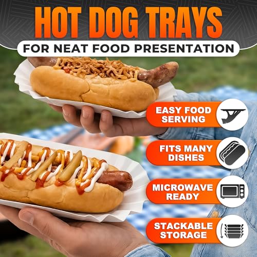 Paper Hot Dog Trays Disposable 50 Pcs, 8 Inch Hot Dog Boats, Hotdog Holder | Grease Resistant Hotdog Plates and Hot Dog Holders for Party, BBQ, Halloween | Microwave Safe Hot Dog Party Supplies