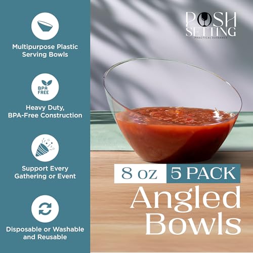 5 Pack Clear Angled Plastic Serving Bowls Disposable for Party Table 8oz | Angled Bowl Design. Chip, Candy, Salad & Fruit Use. Disposable Party Tableware. Buffet & Wedding Serving. Clear Plastic.