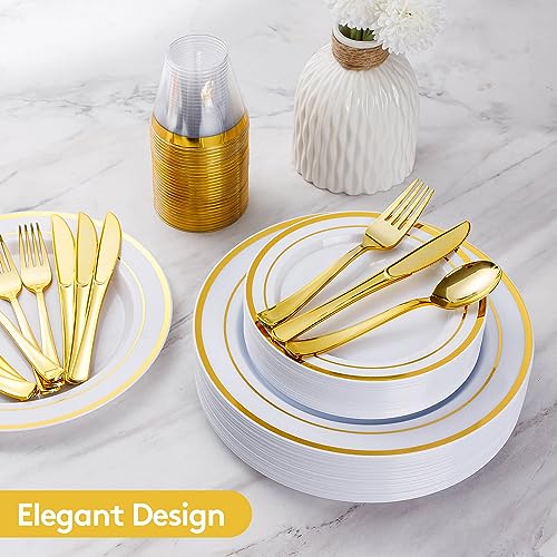 Goodluck 600 Pieces Gold Disposable Plastic Plates for 100 Guests | Include: Dinnerware Set of 100 Dinner and 100 Dessert Plates, 100 Spoons, 100 Forks, 100 Knives, 100 Cups Plates for Party