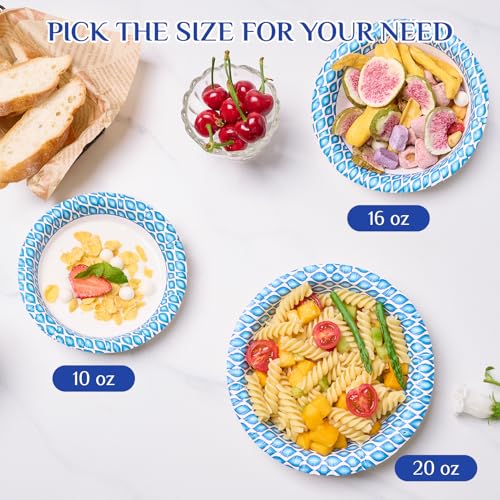 MUCHII 10 oz Paper Bowls, 300 Count Printed Disposable Small Bowls Bulk | Blue Printed,Mini Bowls,Soup Bowls,Soak Proof,Hot Soup Oatmeal Cereal,Ice Cream Dessert,Snacks Side Dish,Party School Lunch