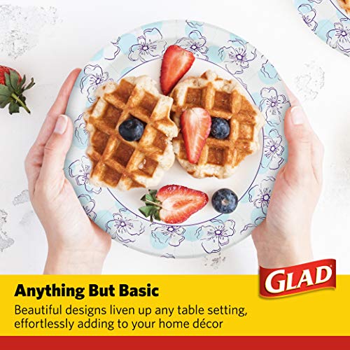 Glad Round Paper Plates, Blue Flower Design, 10 Inch, 50 Count | Heavy-duty, soak-proof, cut-resistant plates for meals, parties, picnics, and events