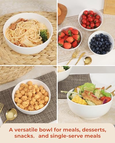 Quatish Cereal Bowls Set of 6, 24 OZ Soup Bowl, Durable Ceramic Bowls | Easy to Clean, Microwave & Dishwasher Freezer Safe, Rice, Snacks, Desserts, Fruit, Kitchen, Rice, Noodle, Breakfast, White