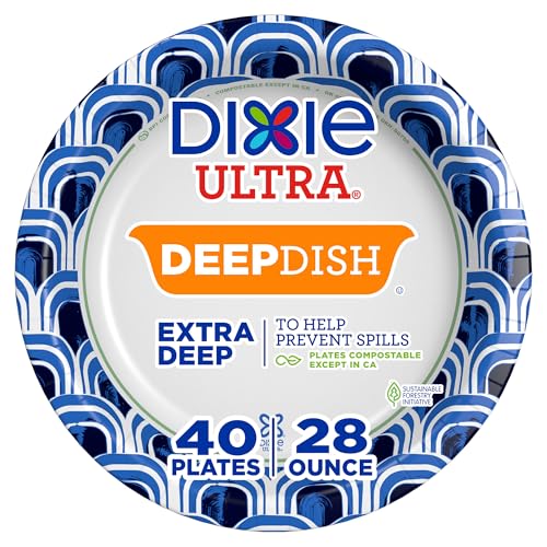 Dixie Ultra Deep Dish Paper Plates, 40 Count, 28 oz, Disposable Plates, | Heavy duty paper plates with deep dish design, party plate, microwave-safe, soak-proof, cut resistant, easy cleanup