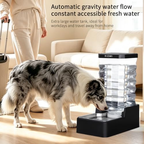 RIZZARI 2.64 Gallon Pet Water Dispenser: Filter-Free Wide Mouth Design | Stainless Steel Bowl / Dishwasher Safe / No Electricity / Stable Base / Multi-Pet Friendly / Low Maintenance