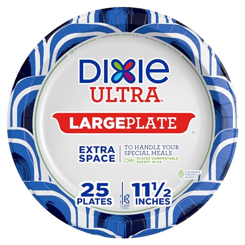 Dixie Ultra Heavy Duty Paper Plates, Large, 11-Inch, 25 Count, 3X Stronger* | Heavy duty, disposable, microwave-safe, soak-proof, cut resistant, great for heavy, messy meals, and offer easy cleanup