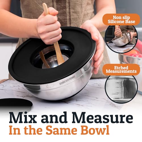 Priority Chef 6Pc Stainless Steel Mixing Bowls with Lids Set, Huge 7 Qrt Size Metal Bowl Set for Kitchen, 3 Graters, Non-Slip Bases & Silicone Utensils Set, Black