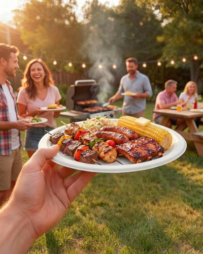 Goodluck 9 Inch White Compostable Sugarcane Paper Plates 125 Pack | 100% FSC Certified Heavy Duty Plates, Commercial Eco Friendly Disposable Plates for Party, Wedding,Catering & Everyday Use