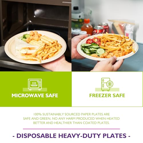 PACKINNO 9 Inch Compostable Paper Plates 125 Pack | Heavy Duty Paper Plates, Round Unbleached Disposable Paper Plates Made from Sugarcane Fibers