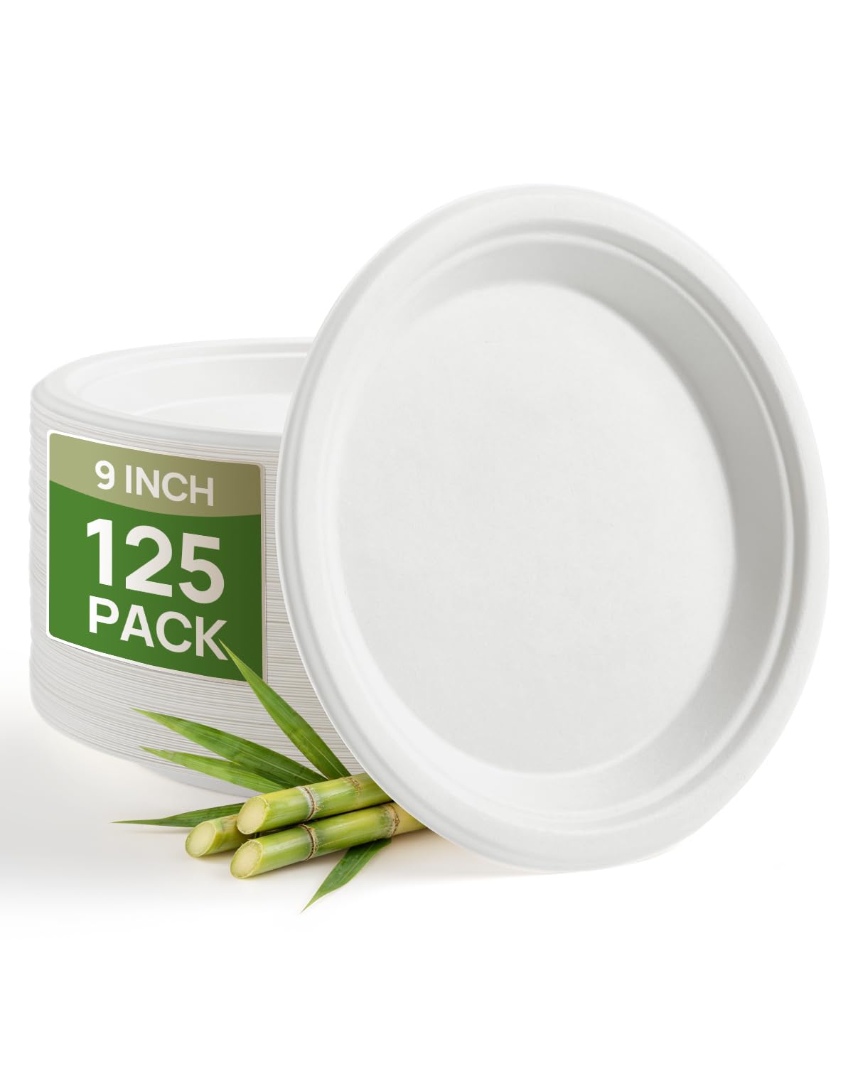 Goodluck 9 Inch White Compostable Sugarcane Paper Plates 125 Pack | 100% FSC Certified Heavy Duty Plates, Commercial Eco Friendly Disposable Plates for Party, Wedding,Catering & Everyday Use