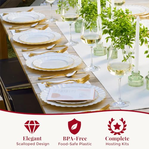 By Madee HEAVYWEIGHT Ivory Gold Scalloped Plastic Plates for Wedding 100 Pc | 30% Heavier • Heavy Duty Thanksgiving Plates • Thanksgiving Plastic Plates • 50 Dinner & 50 Dessert • Beautiful Fall Hosting