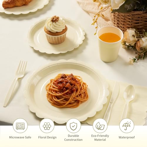 Goodluck 50 PCS Ivory Paper Plates 7 In Scalloped Disposable Dessert Plates | Small Appetizer Cake Plates for Wedding, Baby Shower, Birthday Party