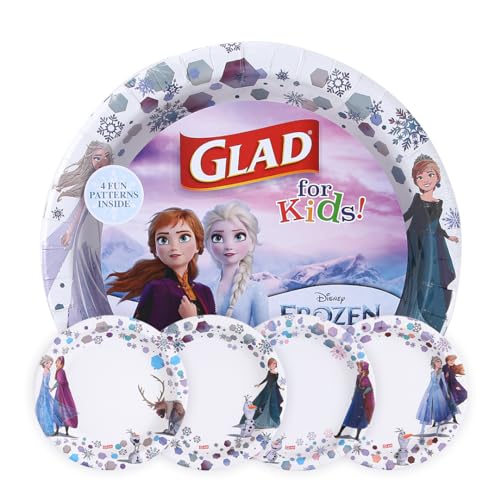 Glad for Kids Disney Frozen Paper Plates, Anna & Elsa, 8.5 in, 40 Count | Heavy-duty, soak-proof, cut-resistant plates for everyday meals and parties