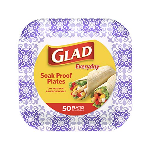 Glad Square Disposable Paper Plates, Purple Victorian, 8.5 Inch, 50 Count | Heavy-duty paper, soak-proof and cut-proof, microwaveable, parties and everyday meals