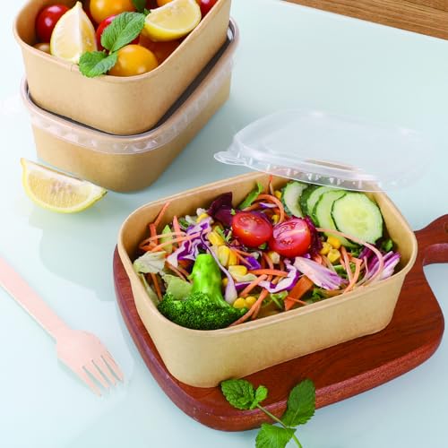 Belinlen 50 Sets 25oz Disposable Kraft Paper Bowls with Lids, Rectangle | Paper Food Containers with Lids, Salad Bowls for Hot/Cold Food, Soup, Meal Prep, Ice Cream, Takeout, Party Supplies(750ml)