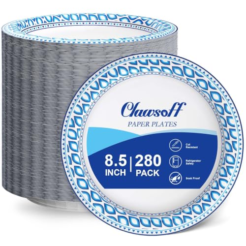 Clawsoff 8.5 Inch 280 Count Paper Plates Heavy Duty Disposable Plates Blue | Cut Proof Dinner Plates, Soak Proof Dessert Plates, Printed Design, Not Microwaveable, for Party, Birthday, Picnic, Food Safe