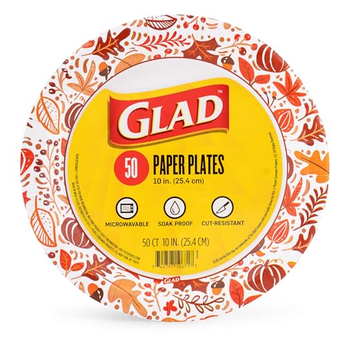 Glad Disposable Paper Plates, Happy Fall Design, 10 Inch, 50 Count | Soak-proof, cut-resistant, microwavable for all foods, for fall parties and everyday meals, colorful