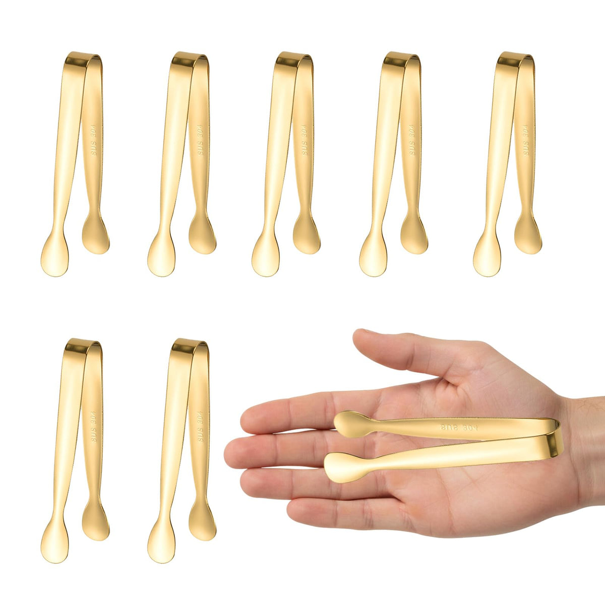 8PCS Gold Mini Metal Tongs,4.3"/11cm,Stainless Steel 304,for Ice Cube,Sugar | Kitchen Accessories for Serving Food, Salad, Toaster, Desserts