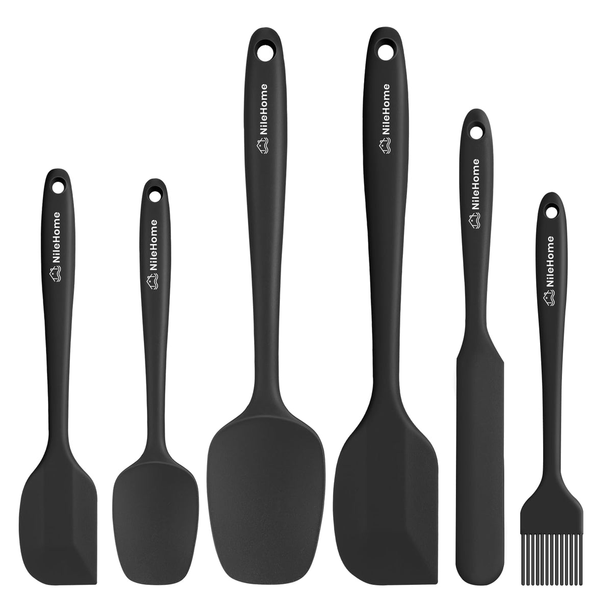 NileHome 6 Pieces Silicone Spatula Set with Silicone Brush,Mixing-Black | Food-Grade Material,Heat Resistant Up to 600°F,Dishwasher Safe,BPA-Free