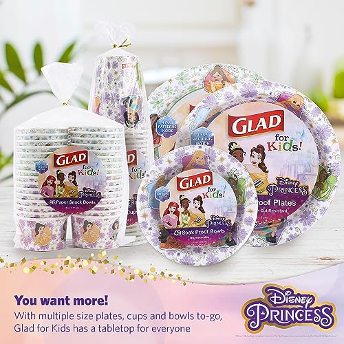 Glad for Kids Disney Princess Disposable Paper Plates, 8.5 in, 40 Count | Soak-proof, heavy duty design for everyday meals, school lunches, and birthday parties