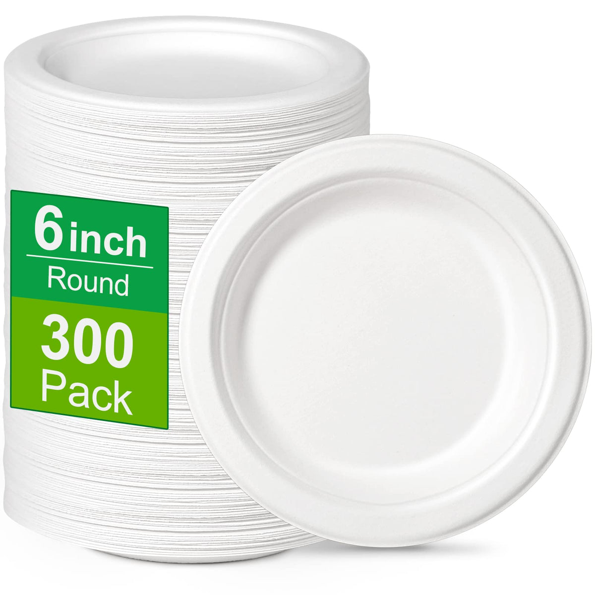 Greconv 300 Pack 6 inch Paper Plates, Small Paper Plates Bulk, White | Disposable Dessert Plates, Compostable Plates Made from Sugarcane Fibers, Recycled Plates for Dessert Cake Appetizer